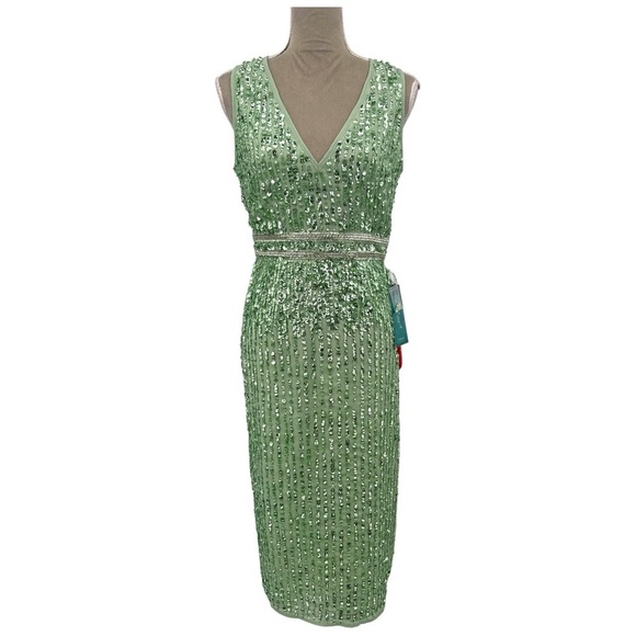 Mac Duggal Sequin Sheath Midi Dress Formal Party Evening Sage Green Size 6 NWT - Picture 3 of 12
